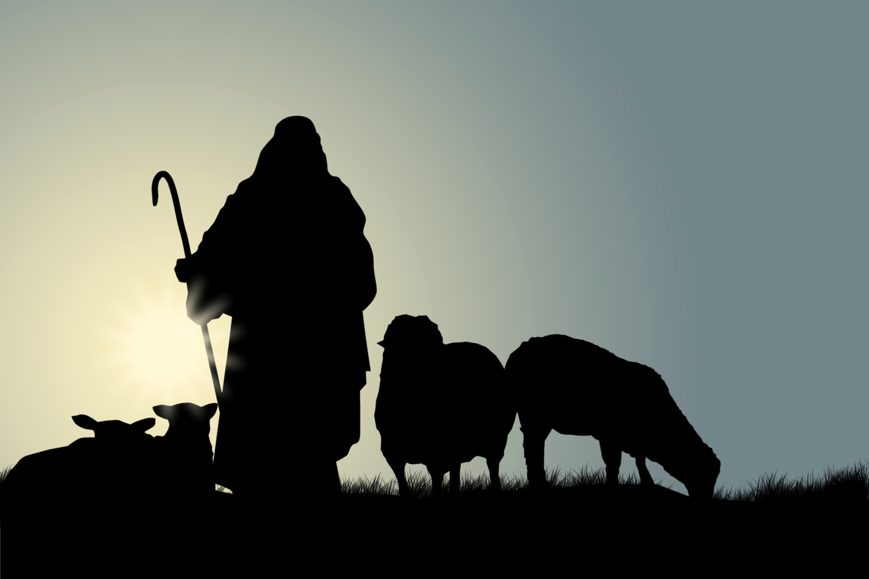 Silhouette of Shepherd with Sheep